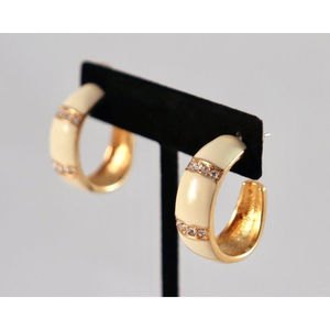 SWAROVSKI Vintage 1980's Gold Tone Ivory Enamel Crystal Hoop Earrings